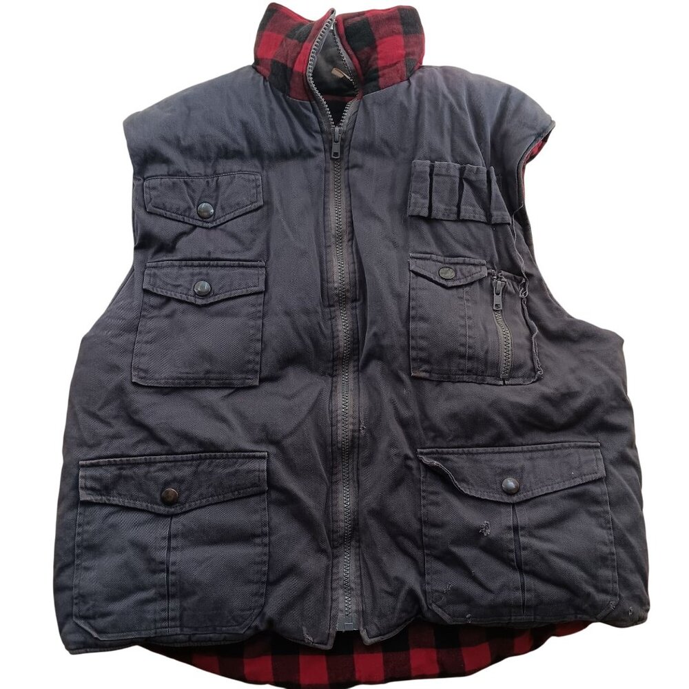Large Vintage  Camp Vest Ozark Trail Mens Plaid Lined Gray Utility Pockets 90s